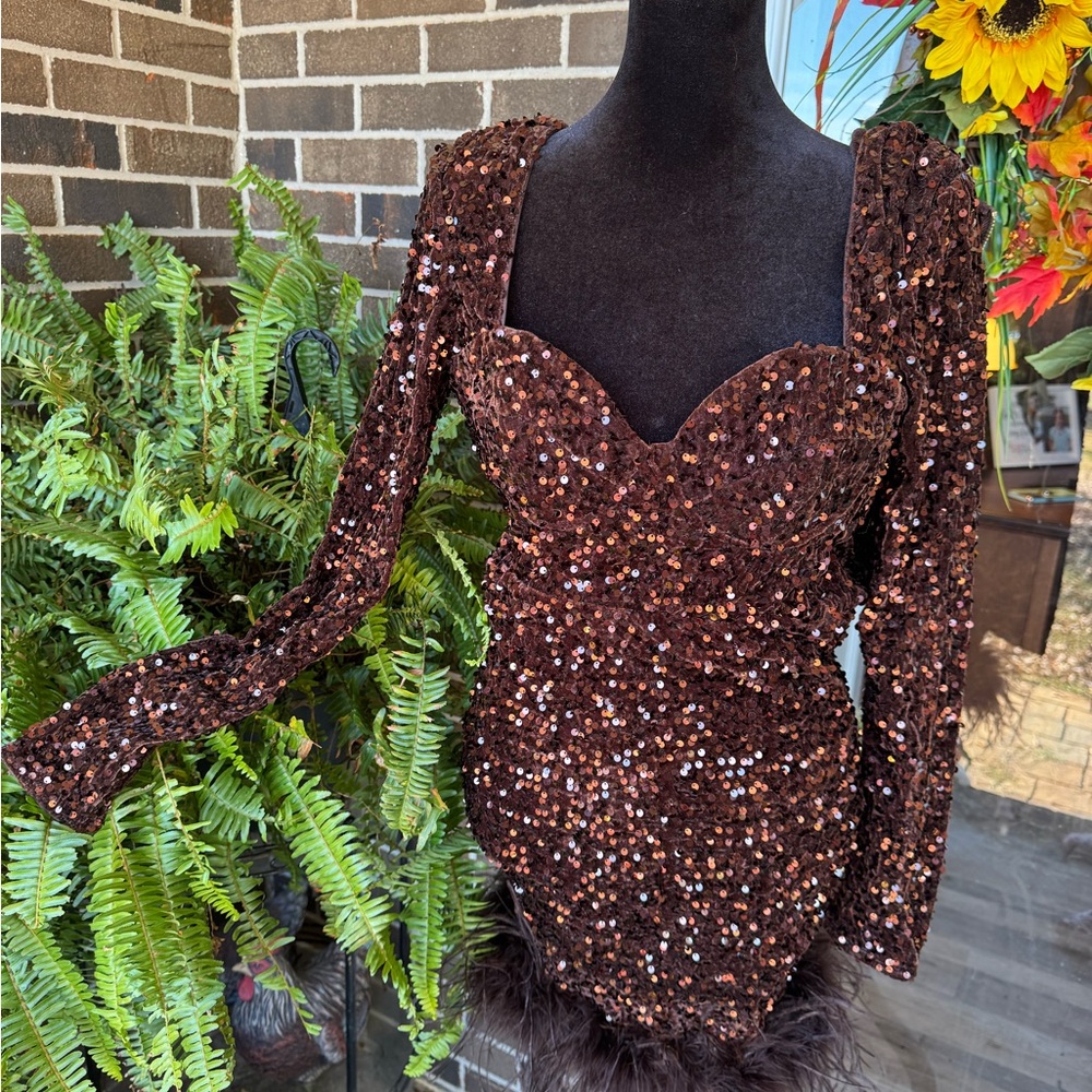 Sequin Long Sleeve Dress - Brown - Picture 4 of 9